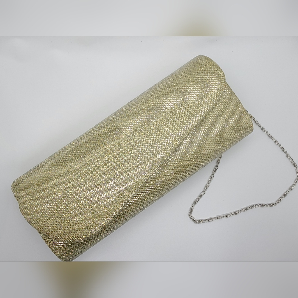 Gold Damara Womens Oblique Flap Glitter Clutch Handbag